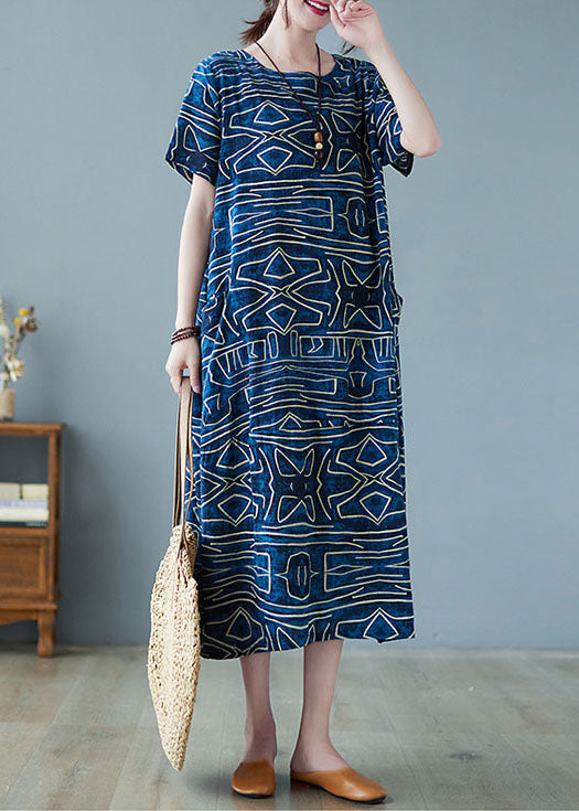 Italian Blue O-neck Geometric Print Pockets Cotton Maxi Dress Short Sleeve