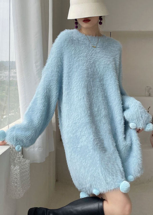 Italian Blue O-neck Mink Hair Knitted Dress Winter