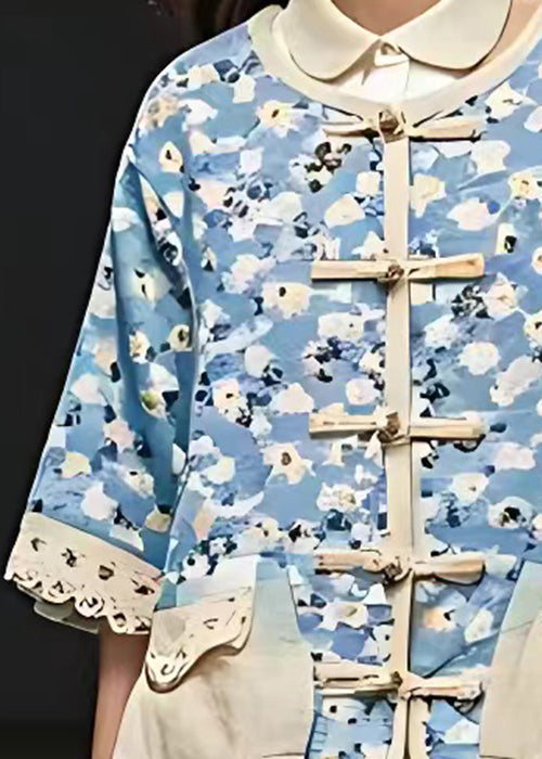 Italian Blue O Neck Print Button Cotton Coat Bracelet Sleeve