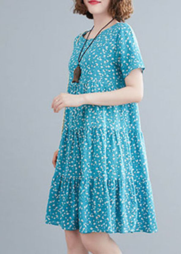 Italian Blue O-neck Print Cotton Holiday Dress Short Sleeve
