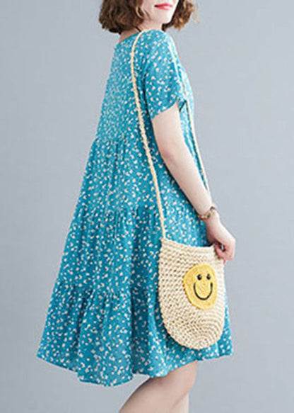 Italian Blue O-neck Print Cotton Holiday Dress Short Sleeve