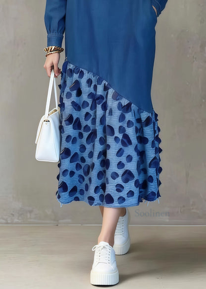 Italian Blue Oversized Patchwork Leopard Denim Long Dress Spring