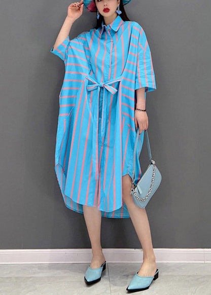Italian Blue Peter Pan Collar Button Tie Waist Striped Shirt Dress Batwing Sleeve