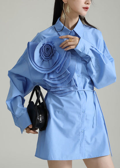 Italian Blue Peter Pan Collar Patchwork Cotton Shirt Dress Fall