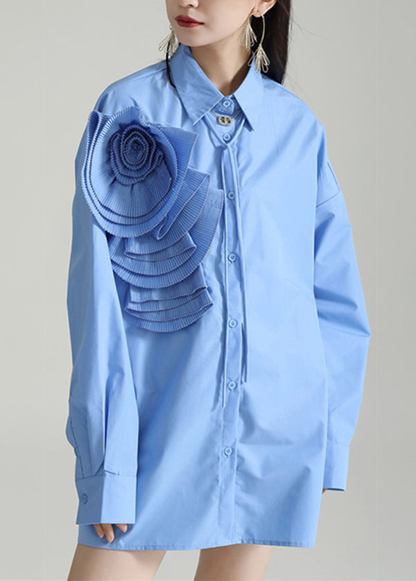 Italian Blue Peter Pan Collar Patchwork Cotton Shirt Dress Fall