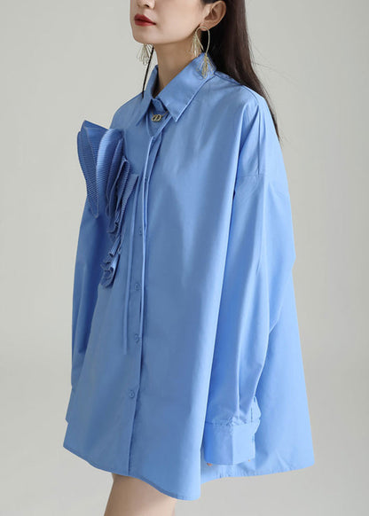 Italian Blue Peter Pan Collar Patchwork Cotton Shirt Dress Fall