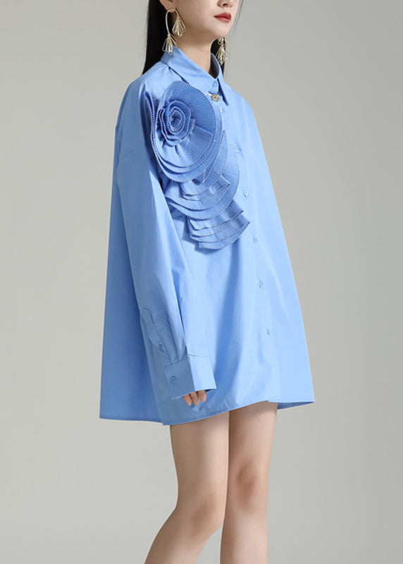 Italian Blue Peter Pan Collar Patchwork Cotton Shirt Dress Fall