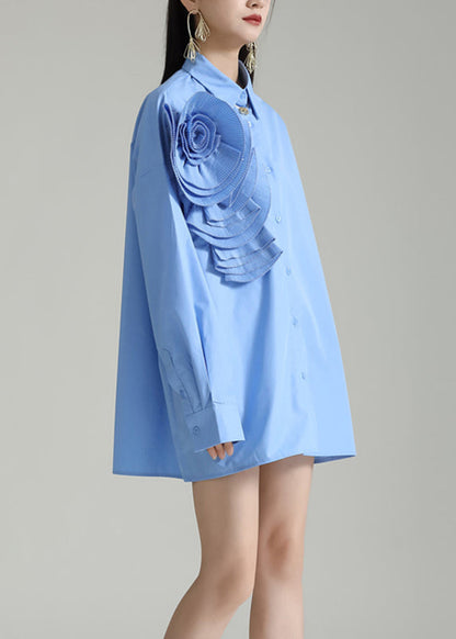 Italian Blue Peter Pan Collar Patchwork Cotton Shirt Dress Fall
