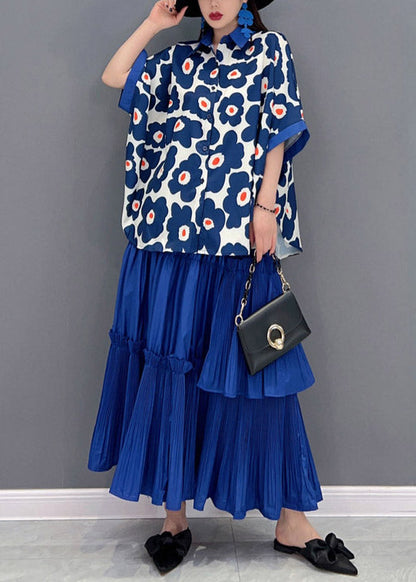 Italian Blue Peter Pan Collar Ruffled Patchwork Print Chiffon Shirts and Skirts Two Pieces Short Sleeve