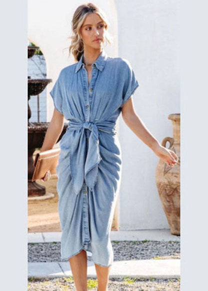 Italian Blue Peter Pan Collar Tie Waist Patchwork Denim Dress Summer