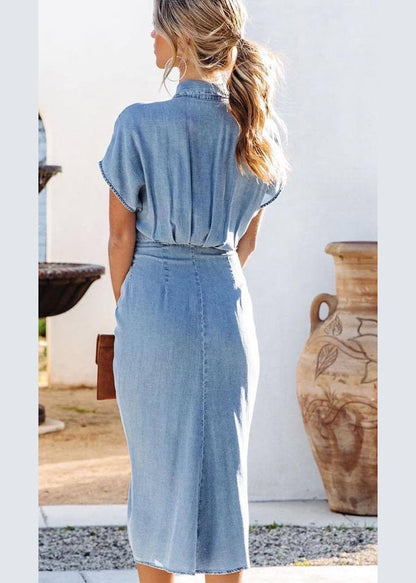 Italian Blue Peter Pan Collar Tie Waist Patchwork Denim Dress Summer