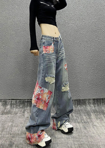 Italian Blue Pockets Patchwork Ripped Denim Wide Leg Pants Spring
