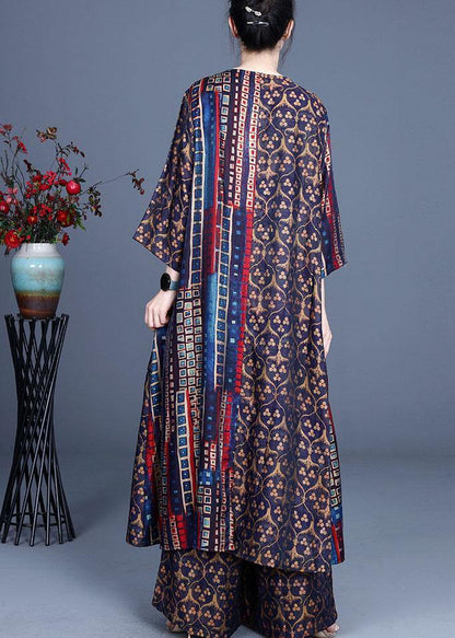 Italian Blue Print Button Silk Long Shirts Wide Leg Two Pieces Set