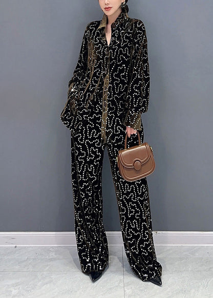 Italian Blue Sequins Tops and Pants Velour Two Piece Suit Set Fall