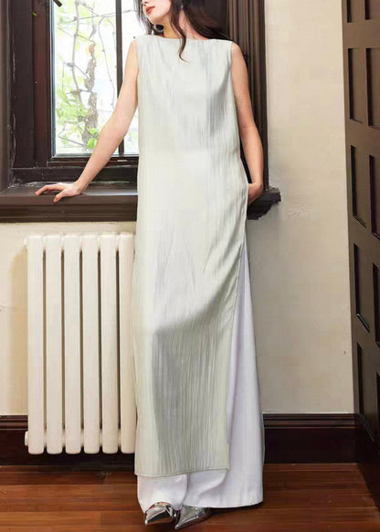 Italian Blue Side Open Tops and White Pants Cotton Two-piece Set Sleeveless