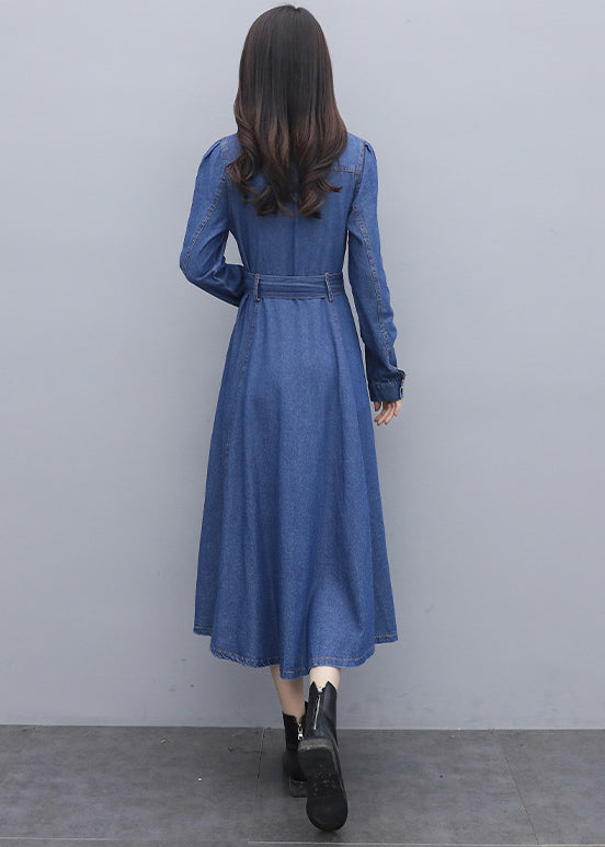 Italian Blue Square Collar Button Pockets Sashes Cotton Denim Long Dresses Long Sleeve