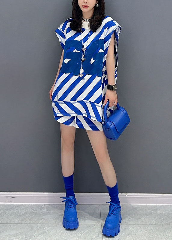 Italian Blue Striped Patchwork Tops and Shorts Cotton Two Pieces Set Summer