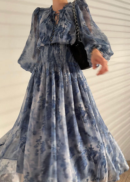 Italian Blue V-neck Print Wrinkled Chiffon Cinch Dress Spring