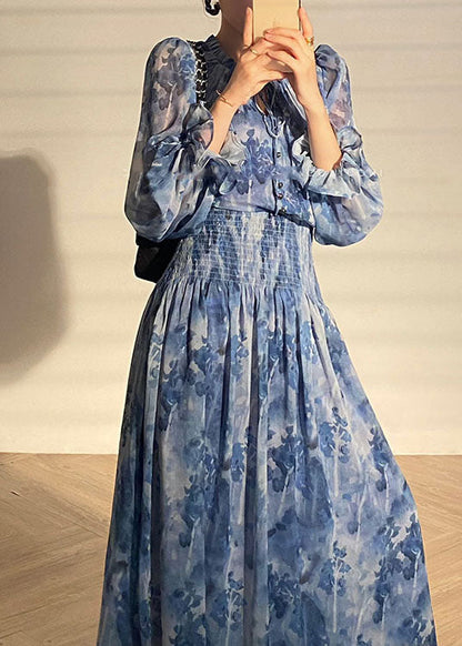 Italian Blue V-neck Print Wrinkled Chiffon Cinch Dress Spring