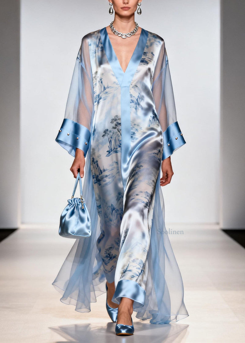Italian Blue V Neck Print Zircon Chiffon Dresses Summer