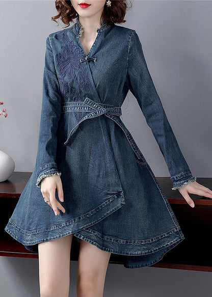 Italian Blue V Neck Sashes Embroideried Cotton Denim Dress Long Sleeve