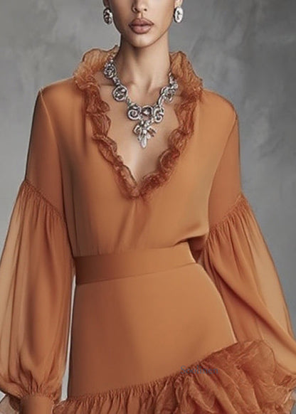 Italian Caramel Tunic Party Mid Dress V Neck Patchwork Lantern Sleeve
