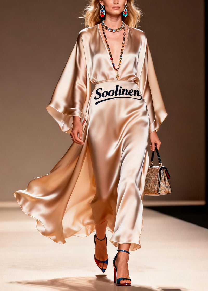 Italian Champagne Exra Large Hem Draping Silk Dress Summer