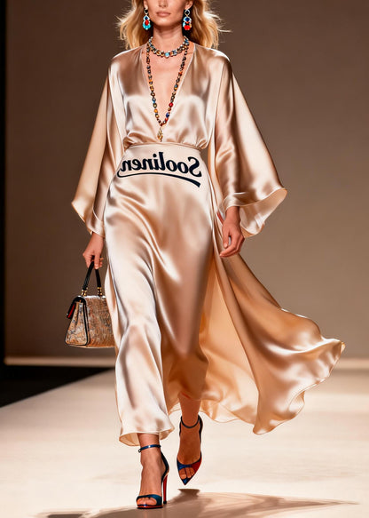 Italian Champagne Exra Large Hem Draping Silk Dress Summer