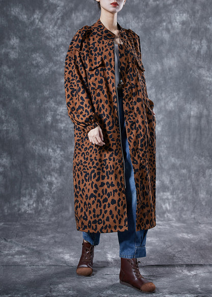 Italian Coffee Oversized Leopard Print Pockets Cotton Trench Coat Spring