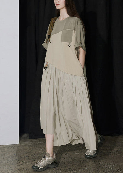 Italian Colorblock Asymmetrical Wrinkled Patchwork Cotton Dresses Summer