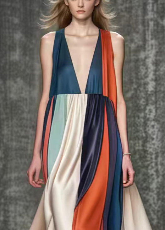 Italian Colorblock Deep-v Neck Exra Large Hem Silk Holiday Dress Summer