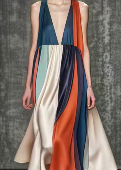 Italian Colorblock Deep-v Neck Exra Large Hem Silk Holiday Dress Summer