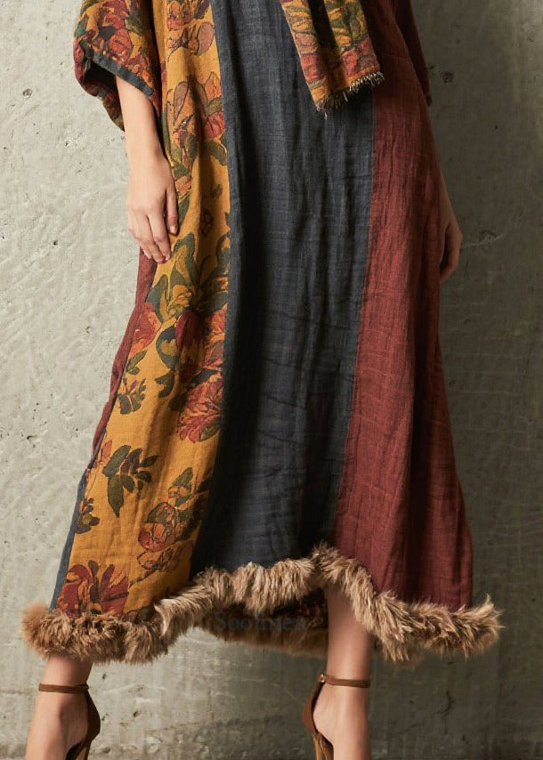 Italian Colorblock Oversized Patchwork Faux Fur Maxi Dresses Bracelet Sleeve