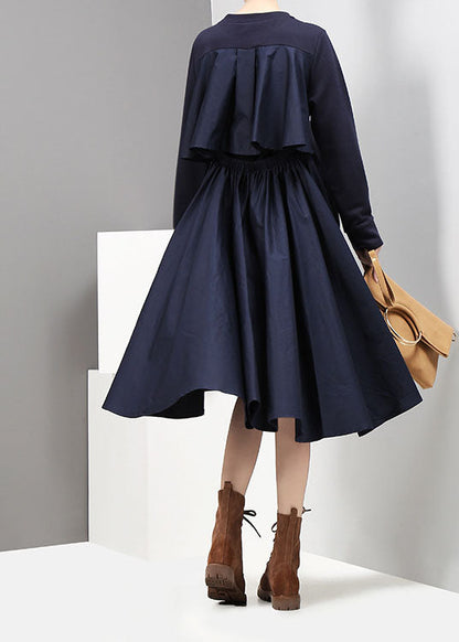 Italian Dark Blue O-neck Low High Design Cinched Vacation Dresses Spring