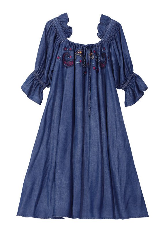 Italian Denim Blue Ruffled Embroideried Cotton a Line Dress Half Sleeve