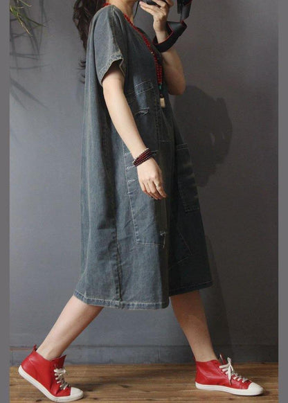 Italian Denim Hole Cotton Asymmetrical Design Summer Long Dress