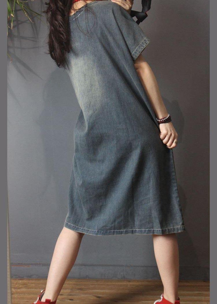 Italian Denim Hole Cotton Asymmetrical Design Summer Long Dress