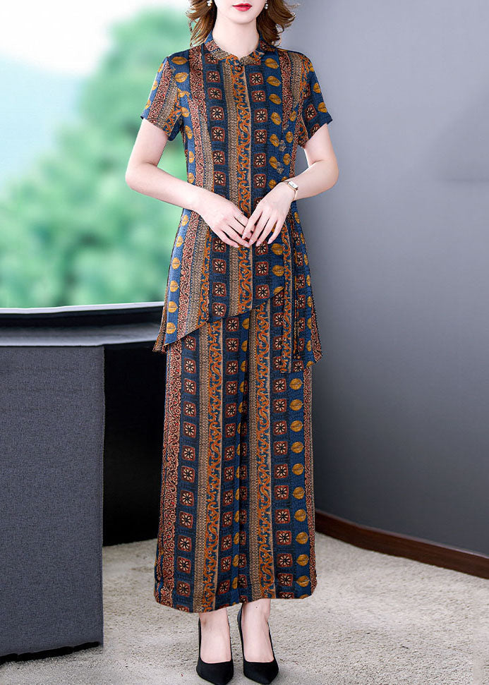 Italian Stand Collar Tops and Pants Patchwork Silk Two Pieces Set Summer