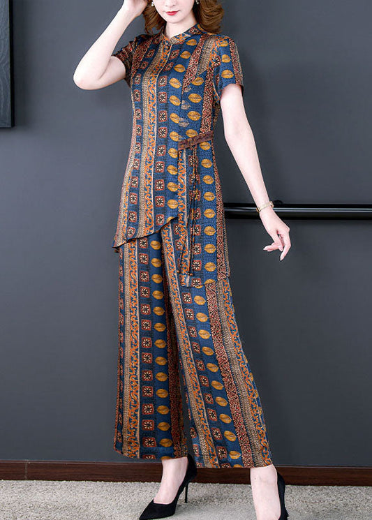 Italian Stand Collar Tops and Pants Patchwork Silk Two Pieces Set Summer