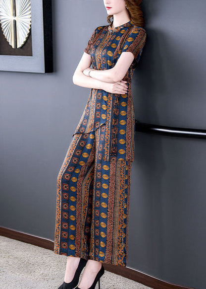 Italian Stand Collar Tops and Pants Patchwork Silk Two Pieces Set Summer
