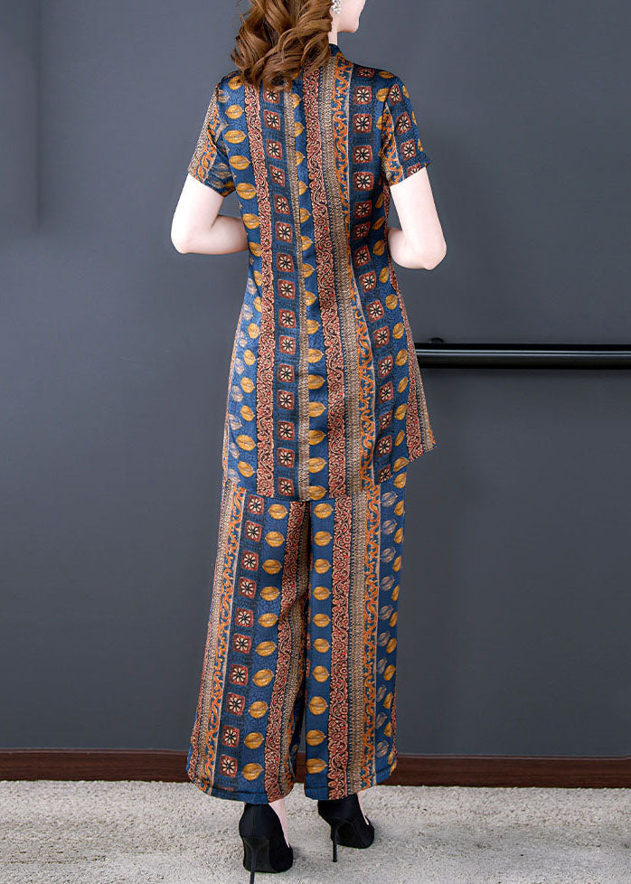 Italian Stand Collar Tops and Pants Patchwork Silk Two Pieces Set Summer