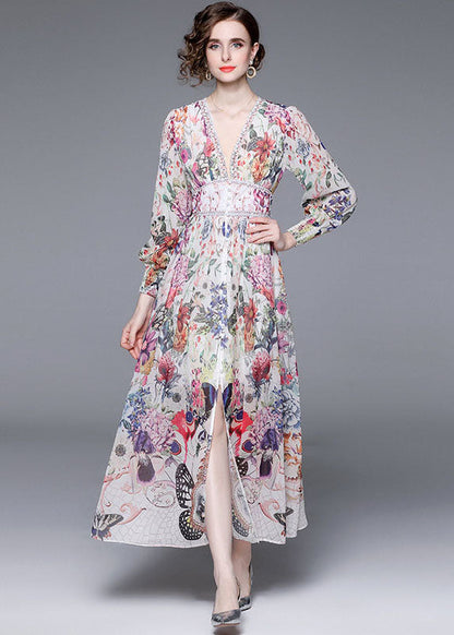 Italian V Neck Front Open Patchwork Chiffon Vacation Dresses Long Sleeve
