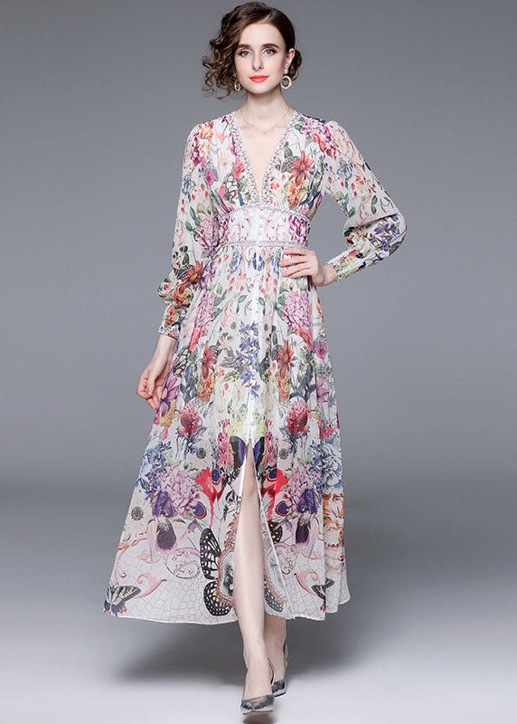 Italian V Neck Front Open Patchwork Chiffon Vacation Dresses Long Sleeve