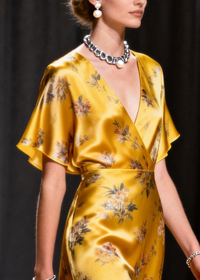 Italian Golden Print Patchwork Tulle Silk Robe Dress Summer