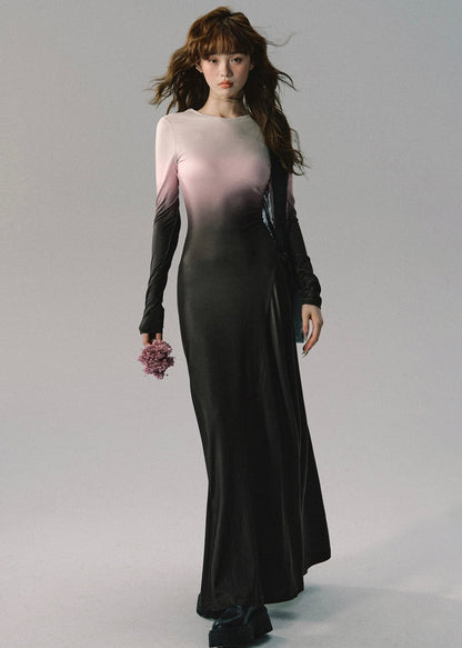 Italian Gradient Color Lace Up Cotton Long Dresses Long Sleeve