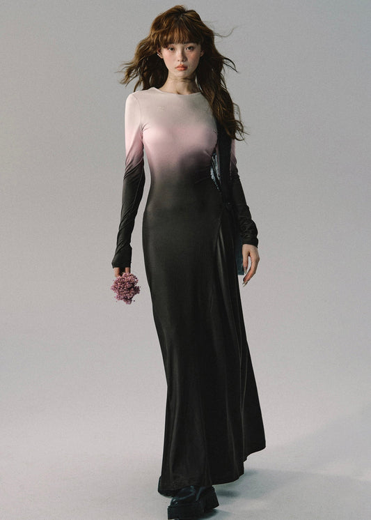Italian Gradient Color Lace Up Cotton Long Dresses Long Sleeve
