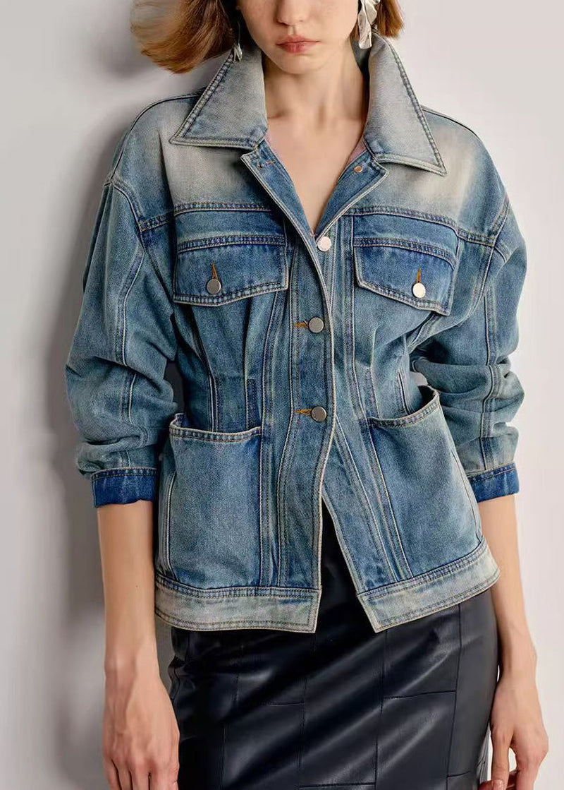 Italian Gradient Color Peter Pan Collar With Pockets Denim Coats Spring