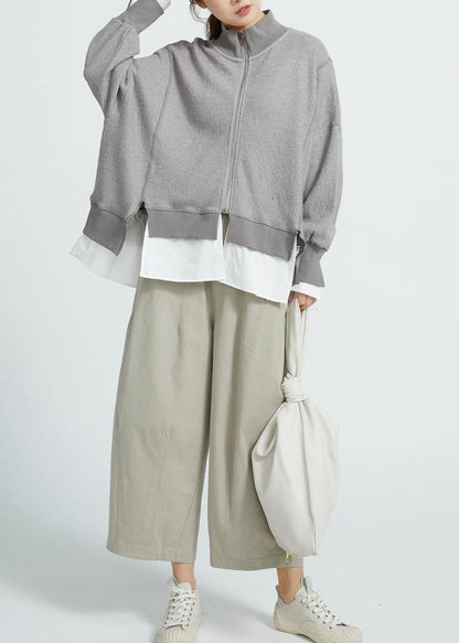 Italian Gray Cotton Crane Tops False Two Pieces Knee Spring Tops