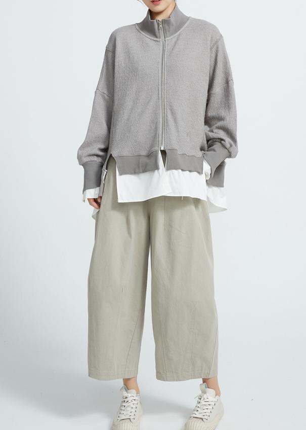 Italian Gray Cotton Crane Tops False Two Pieces Knee Spring Tops