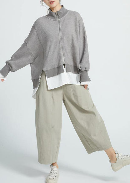 Italian Gray Cotton Crane Tops False Two Pieces Knee Spring Tops